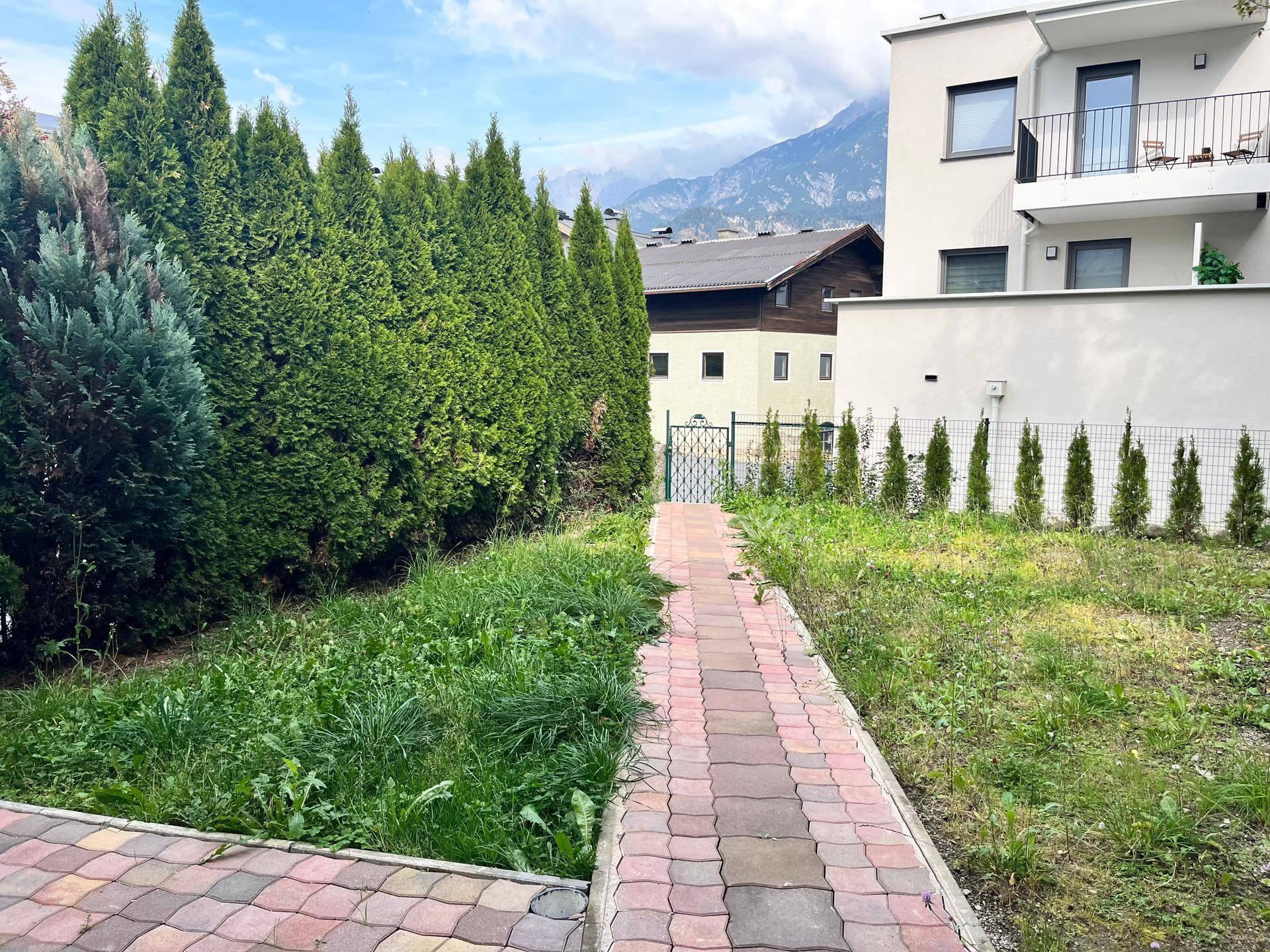 Gartenbereich mit gepflastertem Weg, hohen Hecken und einem Blick auf ein modernes Gebäude im Hintergrund.