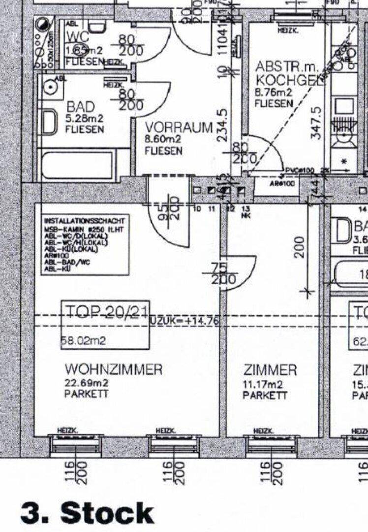 Detaillierter Grundriss einer Wohnung mit Wohnzimmer, Schlafzimmer, Bad und separatem WC.
