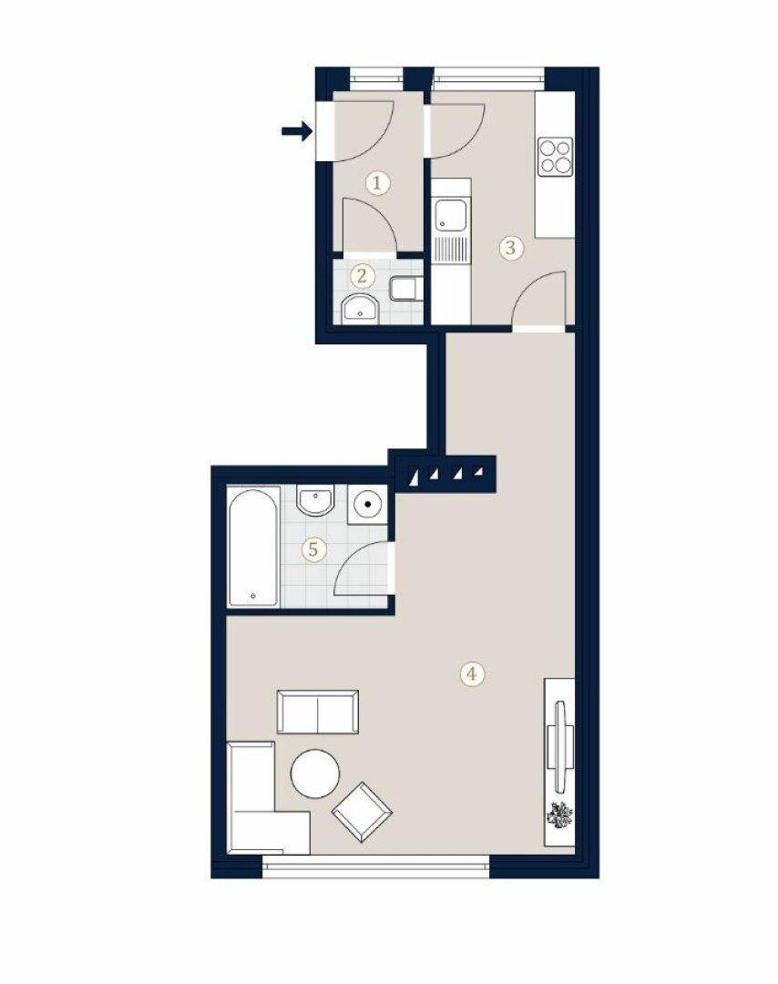 Grundriss einer Wohnung mit separater Küche, Bad und einem geräumigen Wohnbereich.