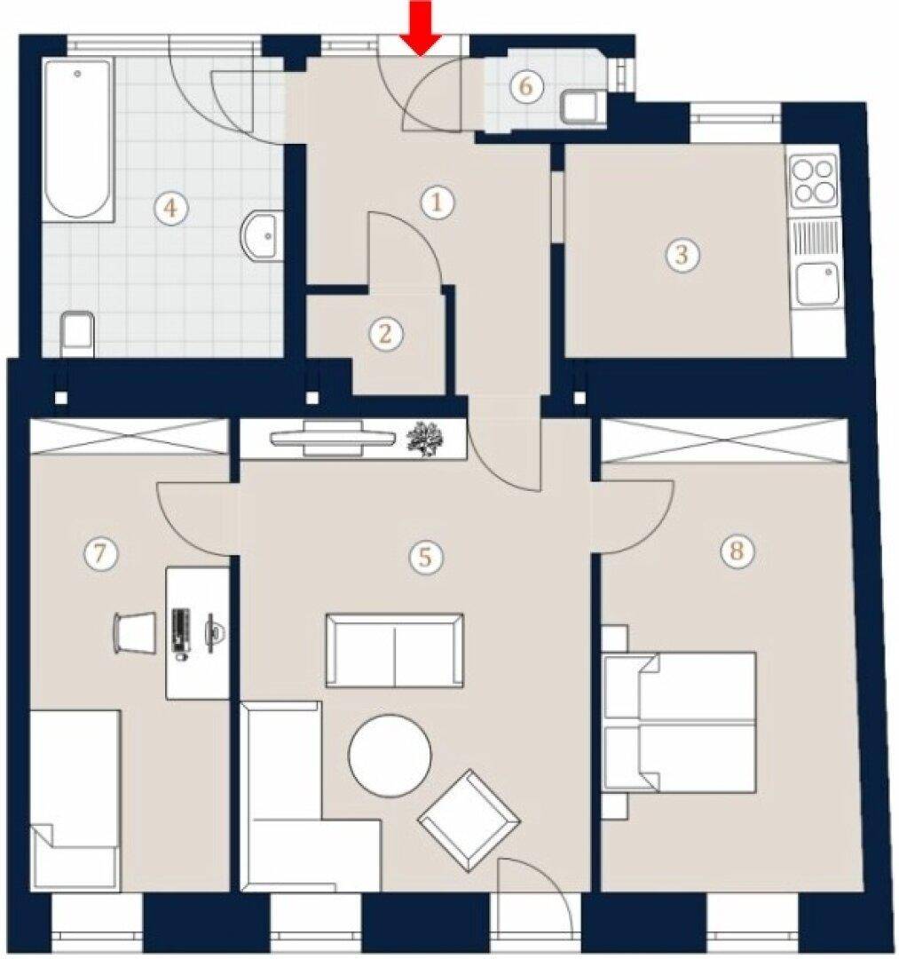 Detaillierter Grundriss einer Wohnung mit mehreren Zimmern, Bad und offener Wohnküche.