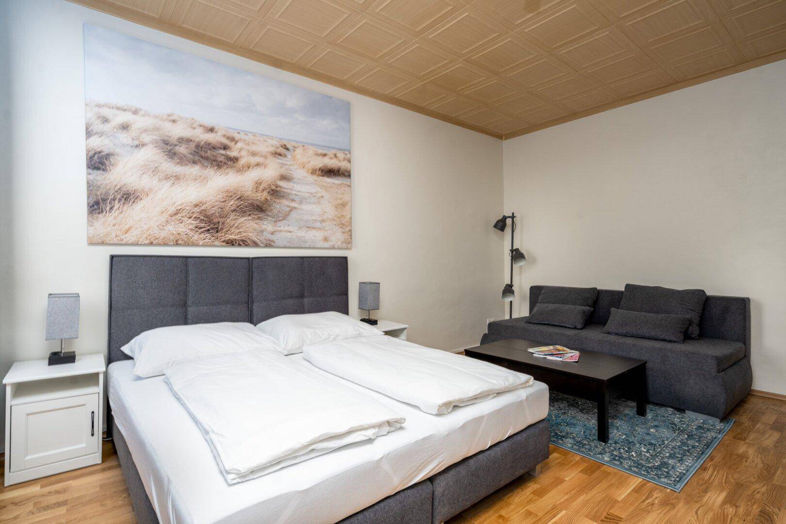 Komfortabler Schlafbereich mit Doppelbett und Sofa in einem hellen Studio-Apartment.