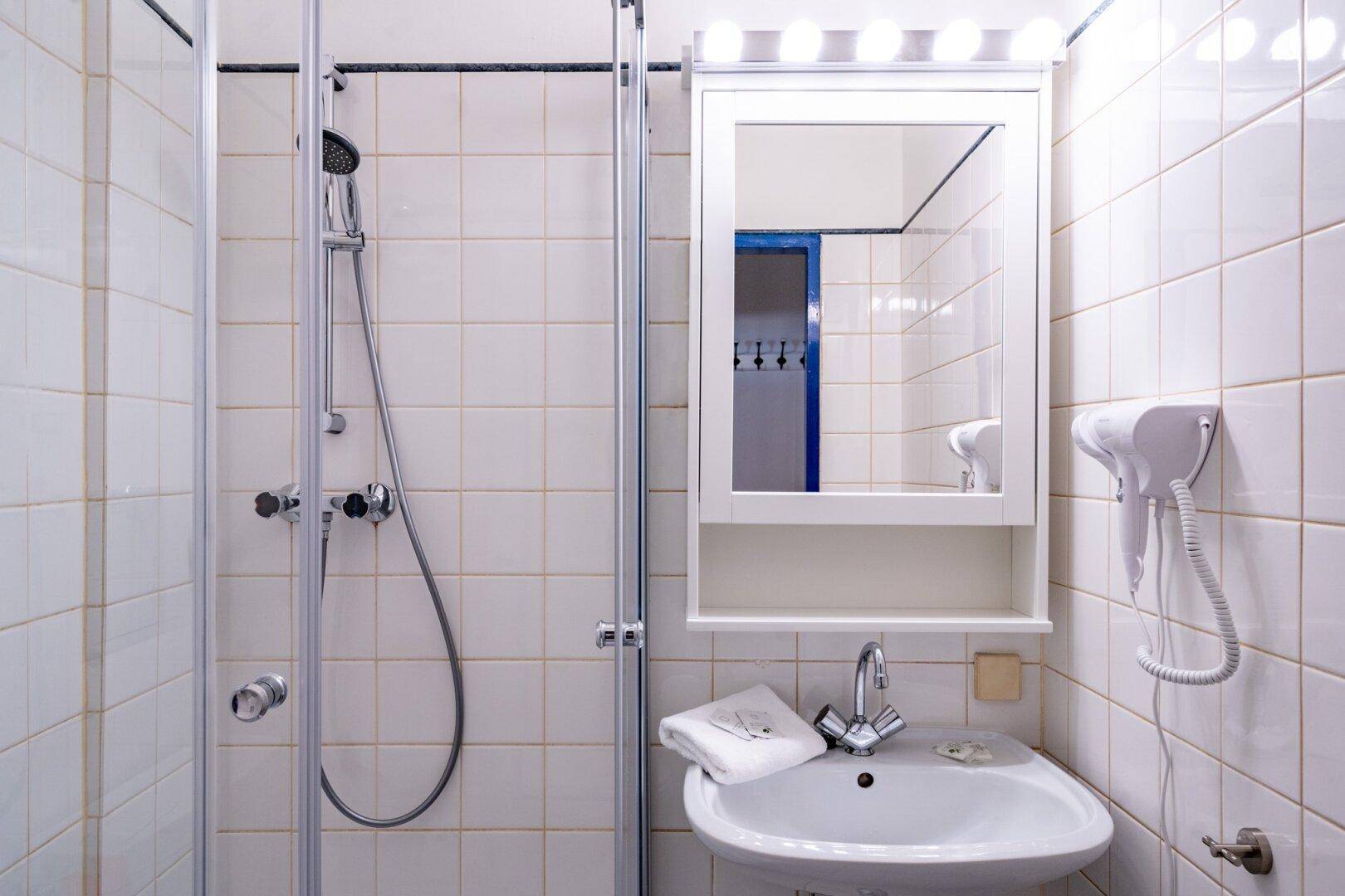 Kleines Badezimmer mit Duschkabine, Waschbecken und Spiegelschrank.