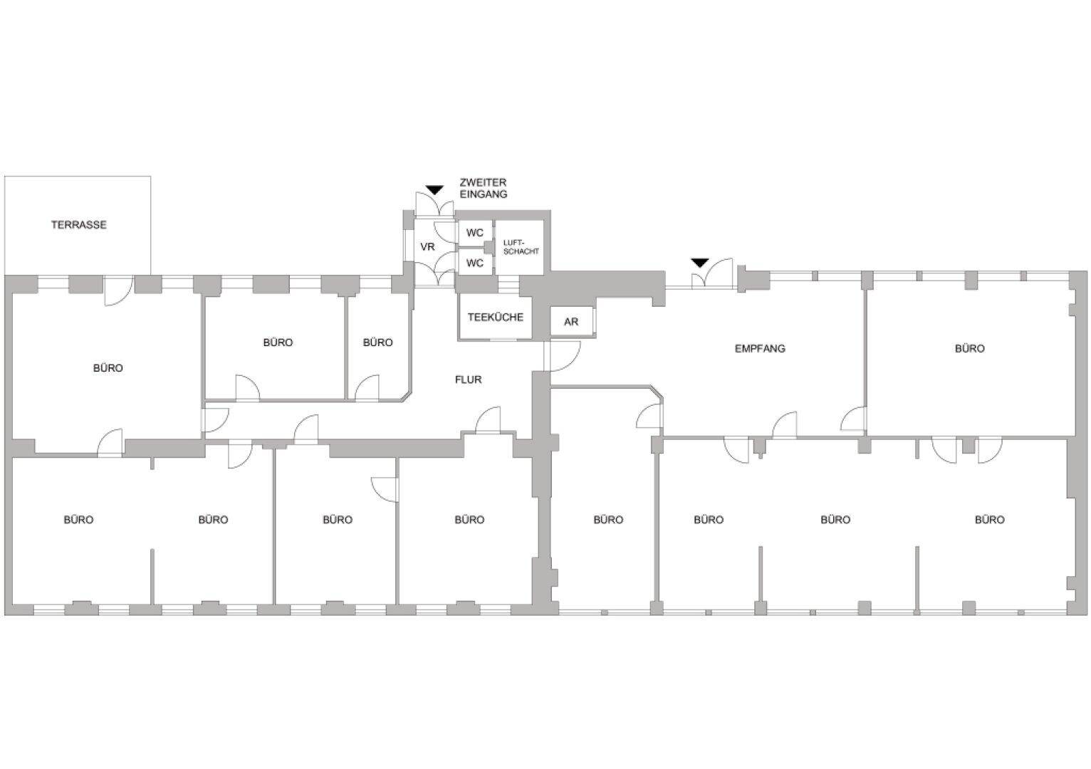 Grundrissplan mit mehreren Büroräumen, Empfangsbereich, Teeküche und Terrasse.