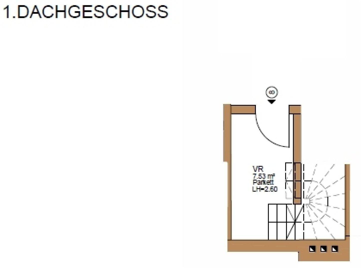 Grundriss des ersten Dachgeschosses mit Treppenaufgang und Vorraum.