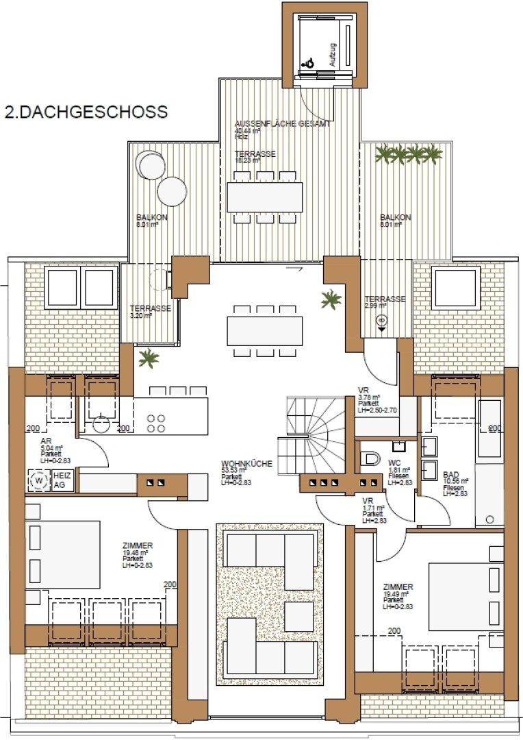Grundriss des zweiten Dachgeschosses mit mehreren Zimmern, Balkonen und Terrassen.