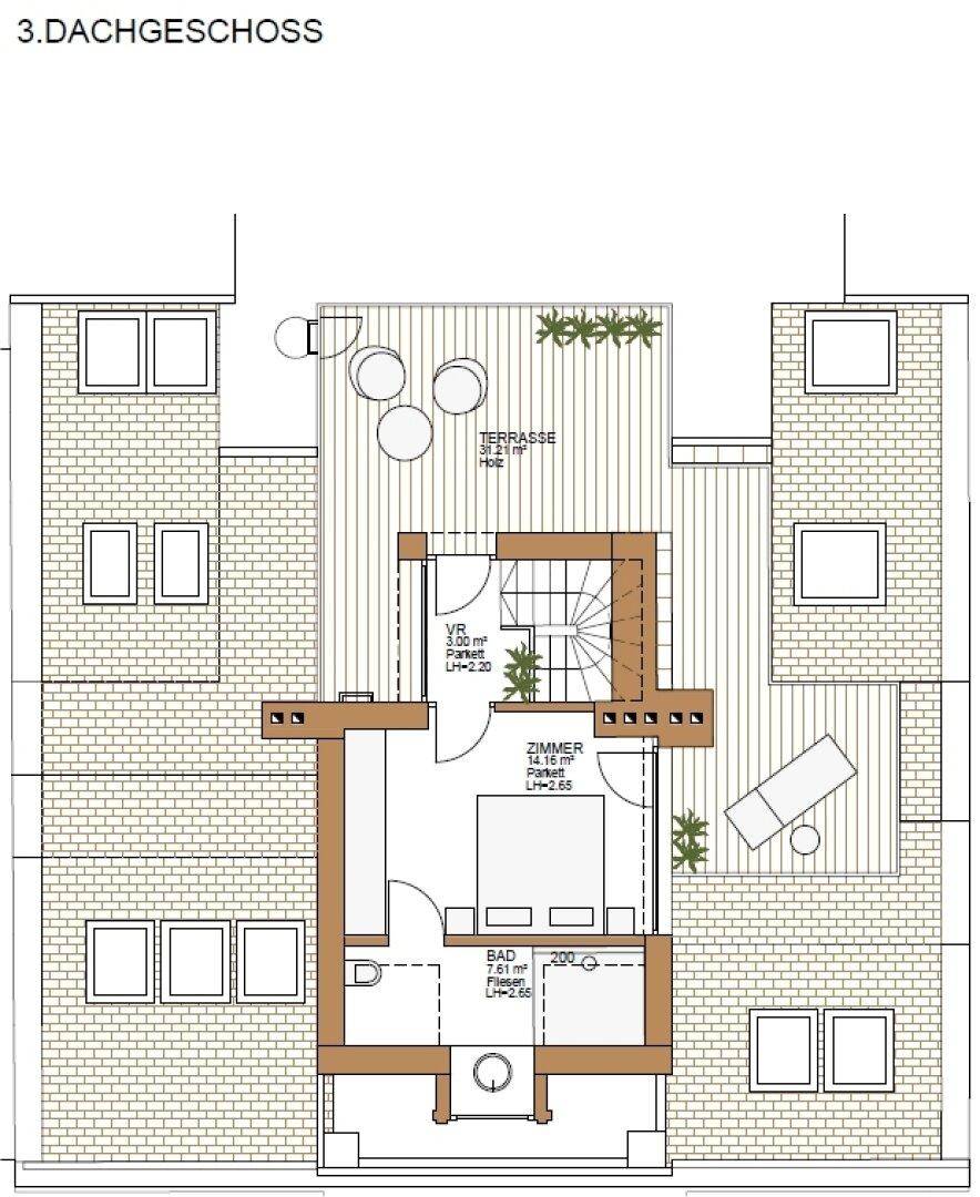 Grundriss des Dachgeschosses mit einem Schlafzimmer, Bad und einer großzügigen Holzterrasse.