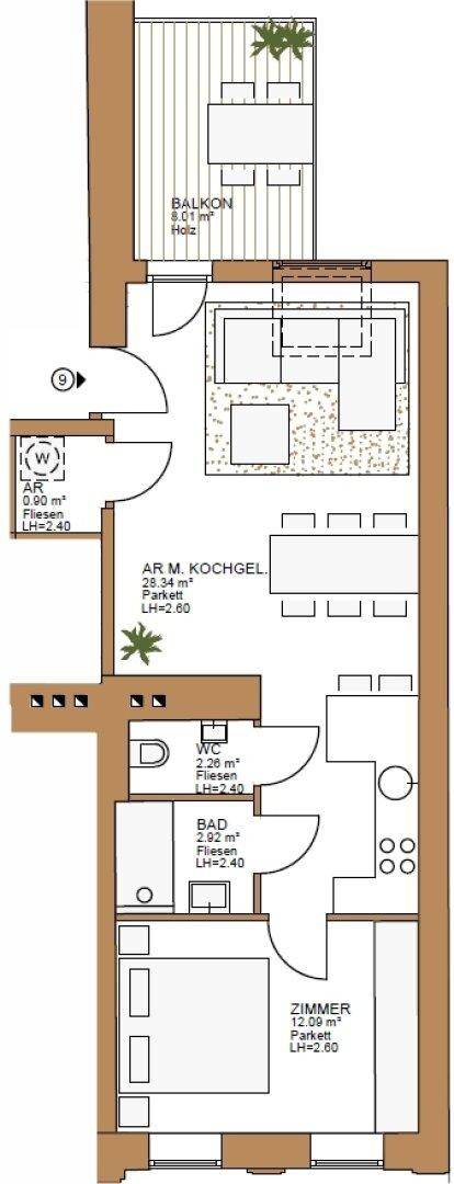 Grundriss einer Wohnung mit Balkon, offenem Wohnbereich, separatem Schlafzimmer und Bad.
