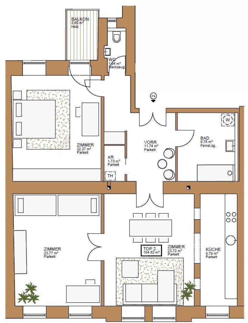 Detaillierter Grundriss einer Wohnung mit drei Zimmern, Balkon und separatem WC.