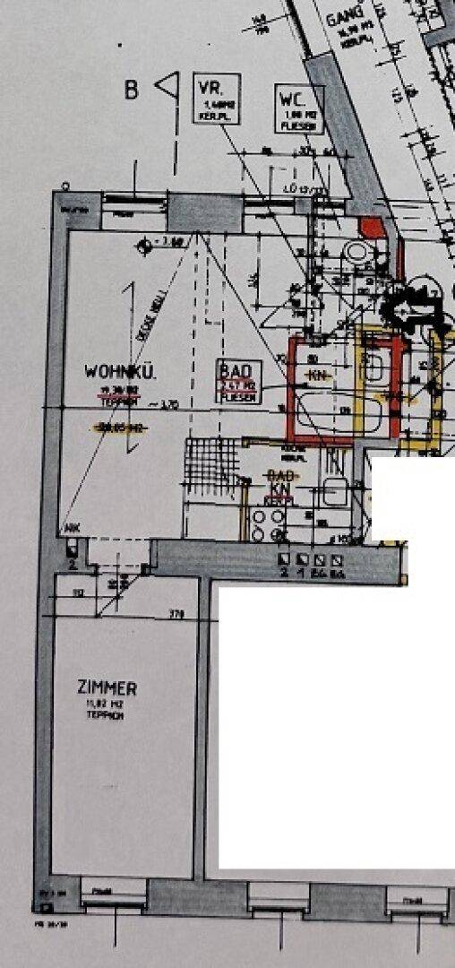 Detaillierter Grundriss einer Wohnung mit eingezeichneten Räumen und Maßen.
