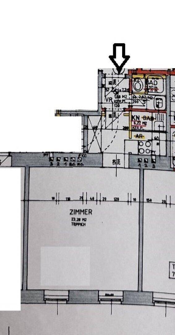 Ausschnitt eines Grundrisses mit Zimmerbezeichnung und Badbereich.