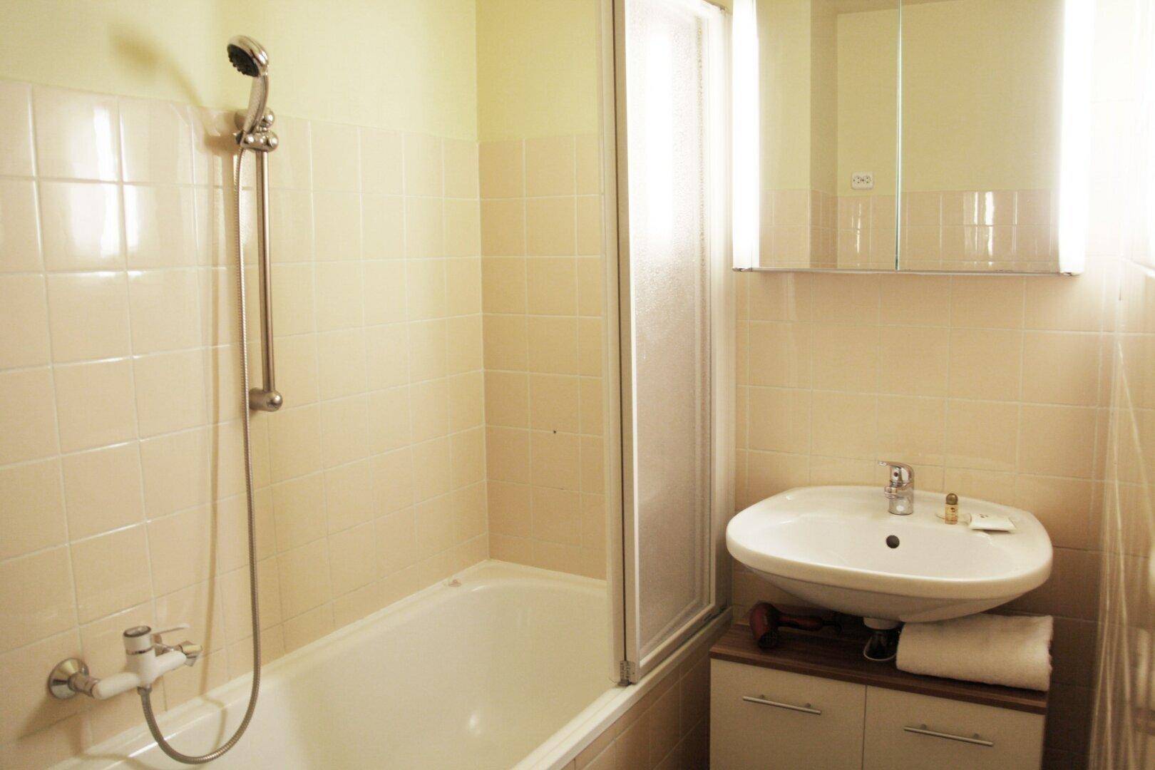 Funktionales Badezimmer mit Badewanne, integrierter Dusche und Waschbecken mit Spiegelschrank.
