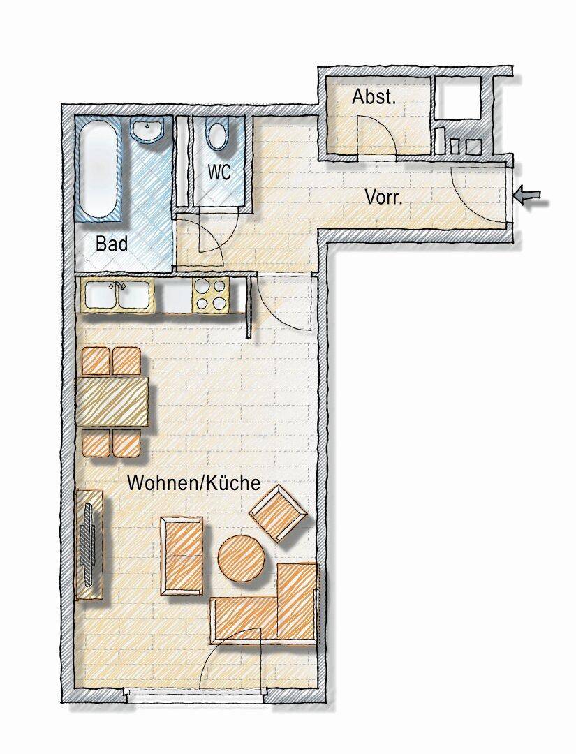 Grundriss einer Wohnung mit offenem Wohn-/Küchenbereich, Bad, WC und Vorraum.