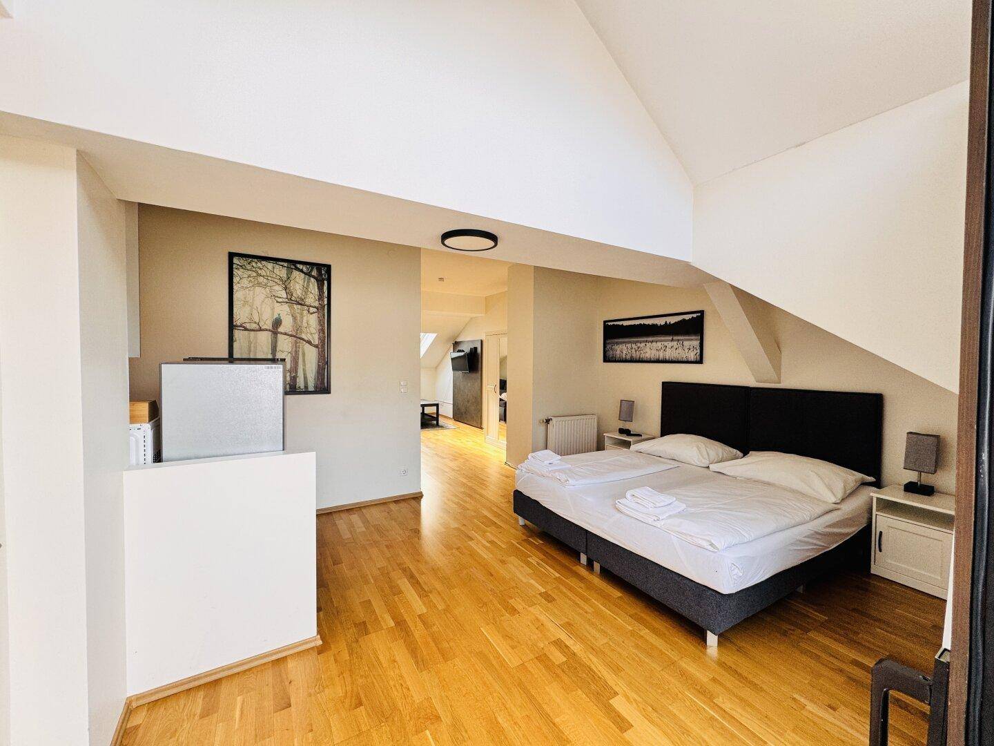 Offener Wohn- und Schlafbereich mit Doppelbett und integrierter kleiner Küchenzeile.