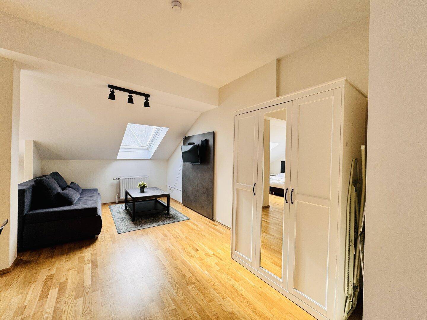 Heller Wohnbereich mit Sofa, Fernseher, Dachfenster und einem praktischen Kleiderschrank.