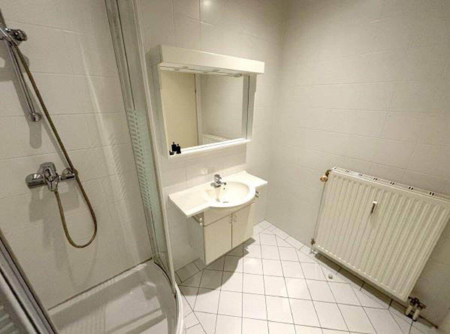 Funktionales Badezimmer mit Duschkabine, Waschbecken und weißen Fliesen, ausgestattet mit Heizkörper.