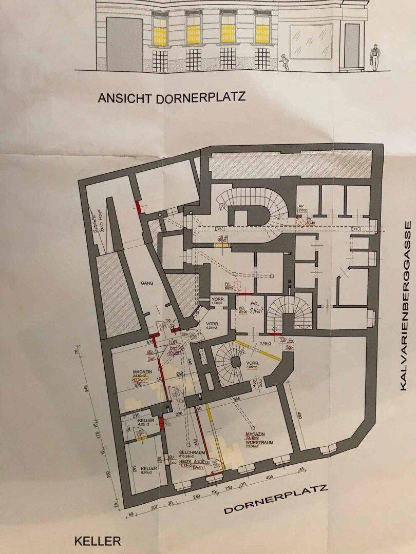 Grundriss des Kellers mit verschiedenen Lagerräumen und Belüftungssystemen, ideal für gewerbliche Nutzung.