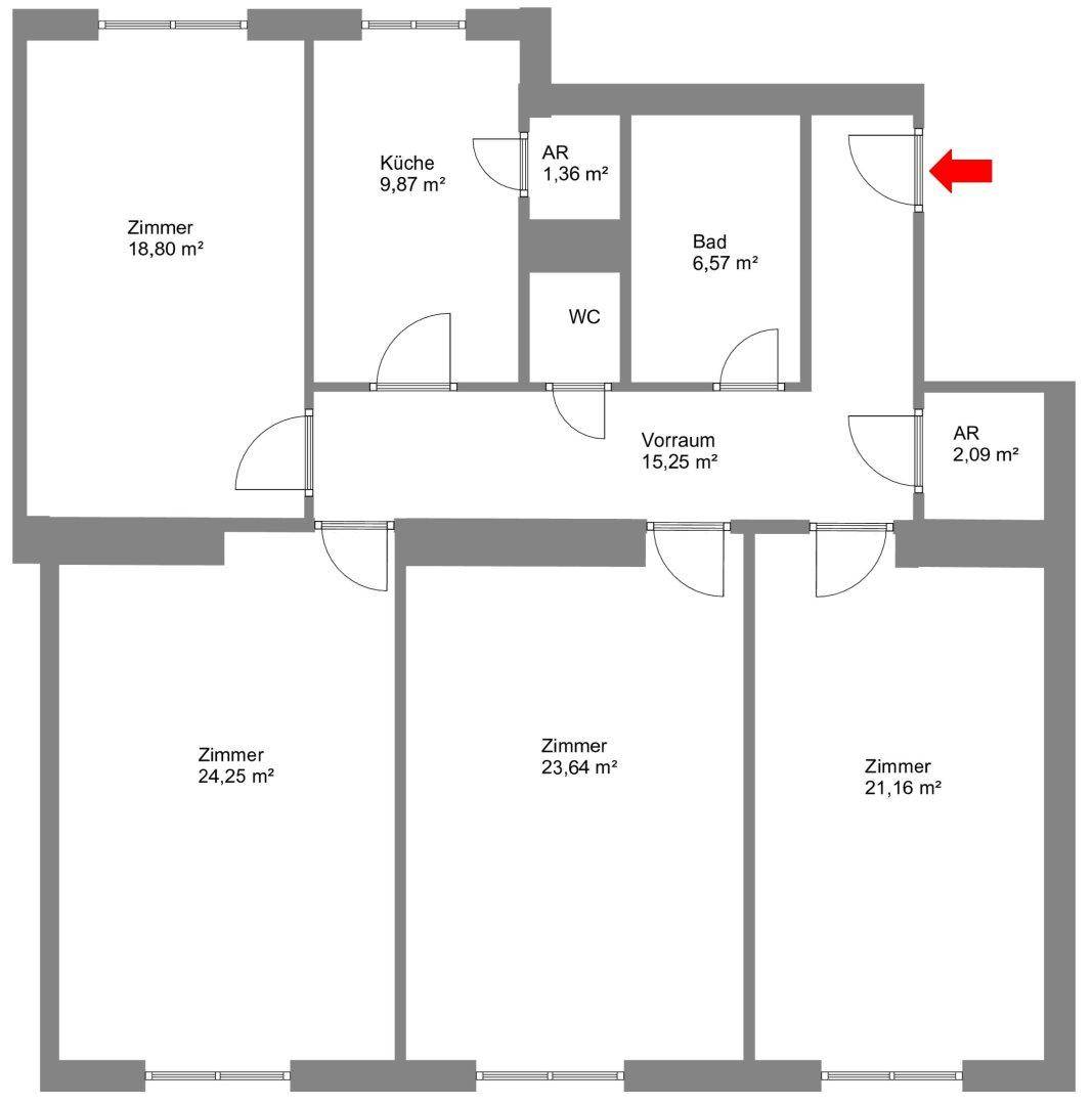 Grundriss der Wohnung mit vier Zimmern, Küche, Bad und separatem WC.