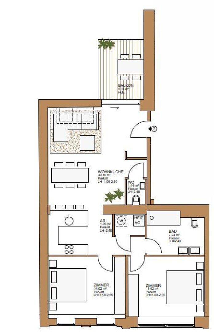 Grundriss einer Wohnung mit zwei Schlafzimmern, offenem Wohnbereich und Balkon.