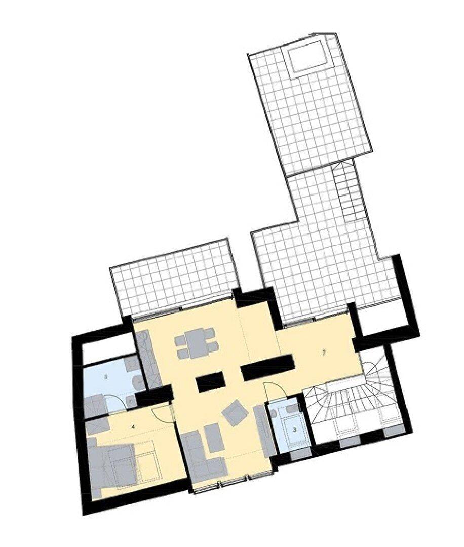 Grundriss einer Wohnung mit mehreren Räumen, Terrasse und Treppenhaus.