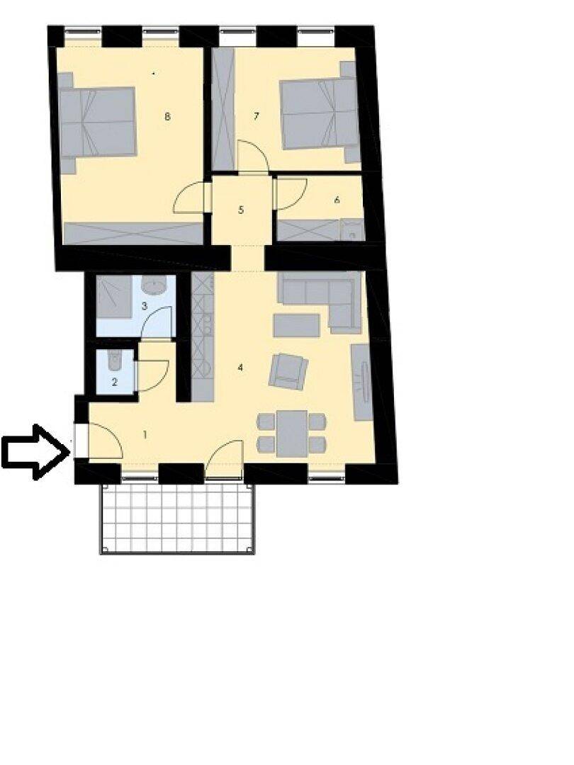 Grundriss einer Wohnung mit mehreren Zimmern, einem Balkon und klar gekennzeichnetem Eingangsbereich.