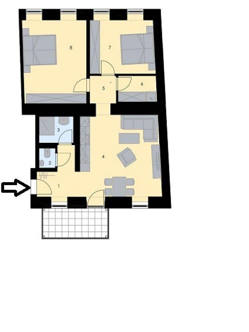 Grundriss einer Wohnung mit zwei Schlafzimmern, offenem Wohnbereich und Balkon.