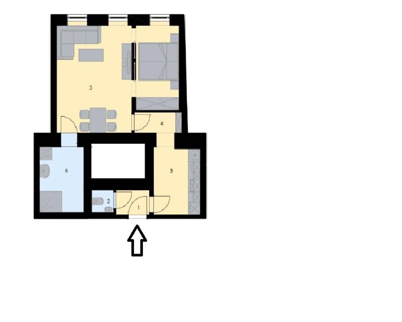 Grundriss einer Wohnung mit Möblierungsvorschlägen für Wohn- und Schlafbereiche.