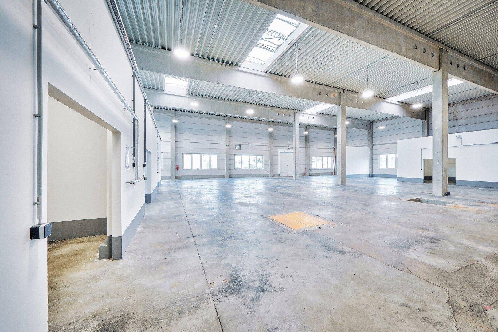 Helle Lagerhalle mit Betonboden, hohen Decken und vielen Fenstern, die viel Tageslicht hereinlassen.