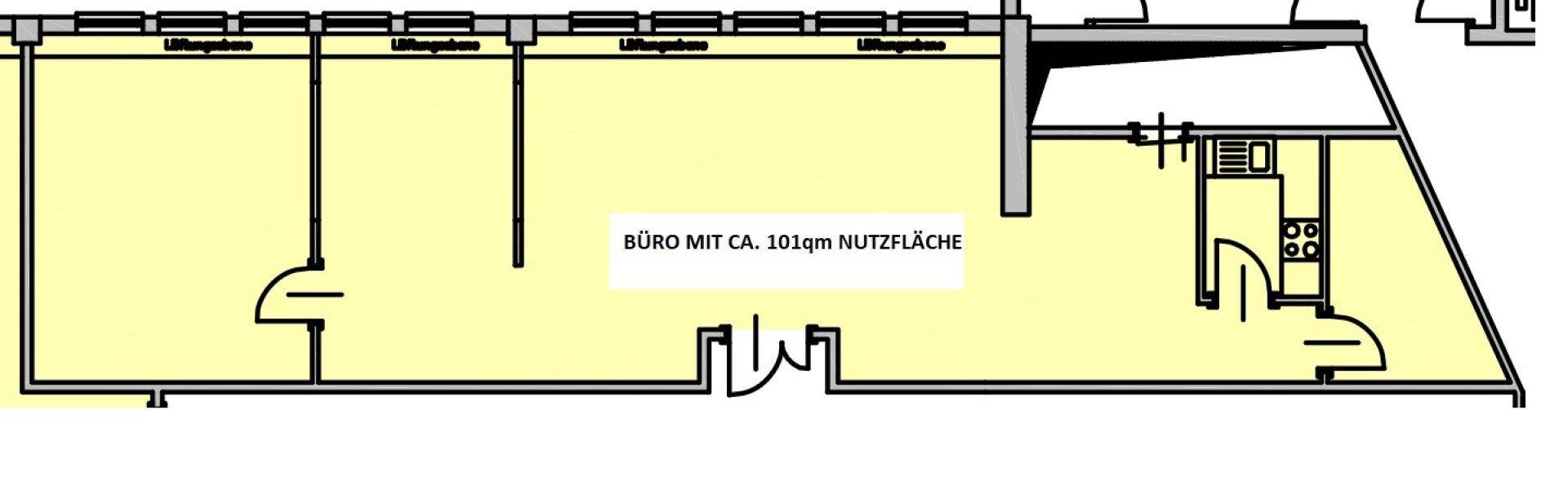 Grundriss eines Büros mit ca. 101m² Nutzfläche, aufgeteilt in mehrere Bereiche.