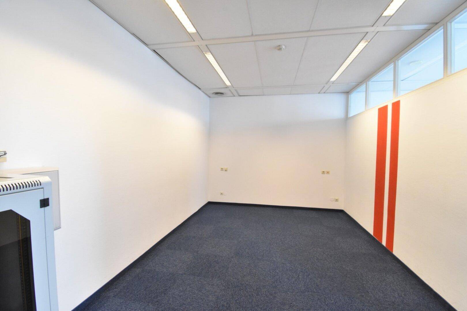Kleineres Büro mit blauem Teppichboden, weißen Wänden und einem roten Streifen als Akzent.