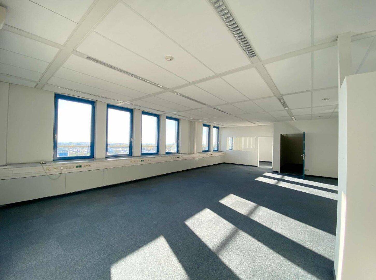 Großes, leeres Büro mit Teppichboden und vielen Fenstern, die den Raum mit Sonnenlicht durchfluten.