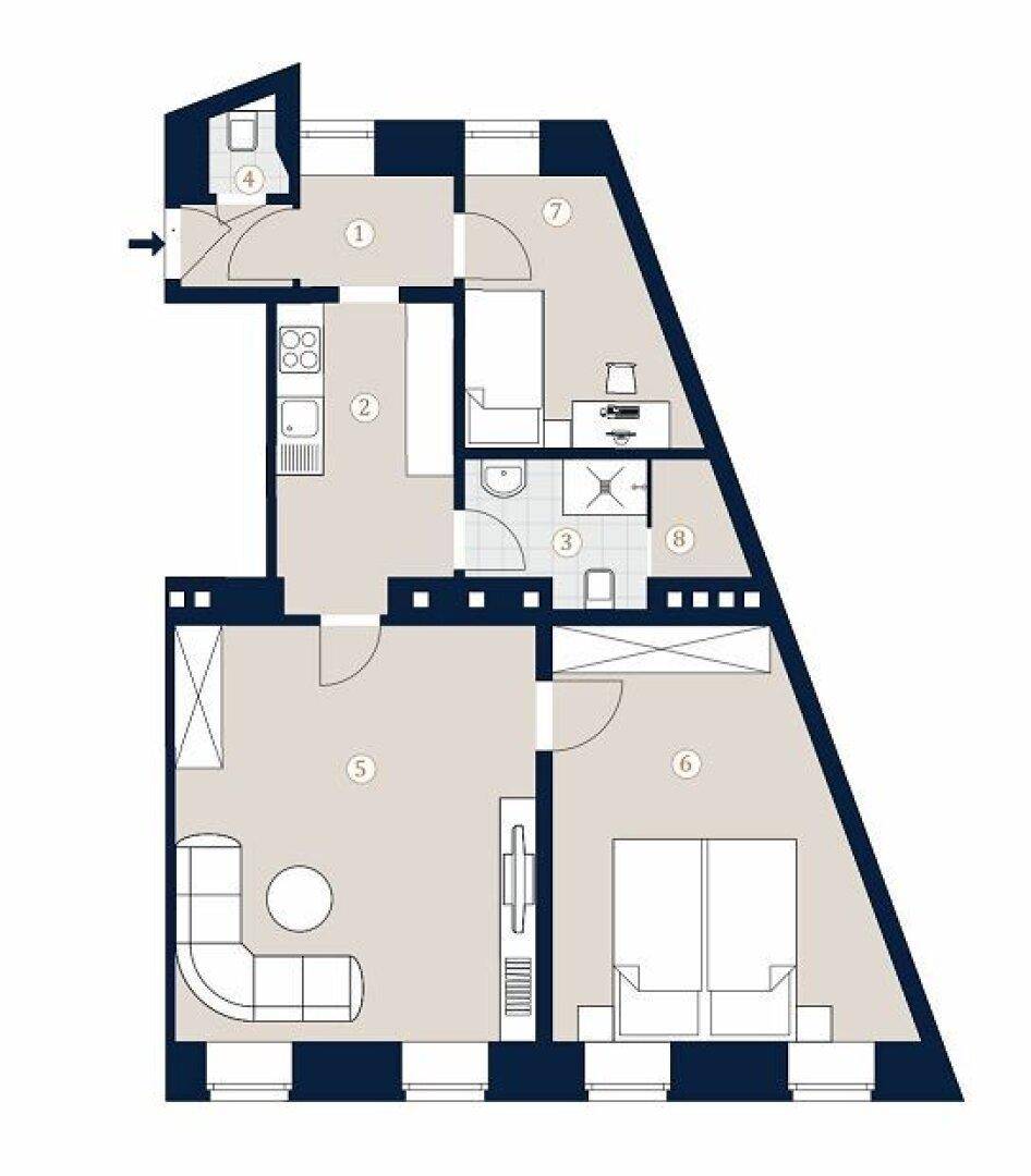 Detaillierter Grundriss einer Wohnung mit mehreren Zimmern und klarer Raumaufteilung.