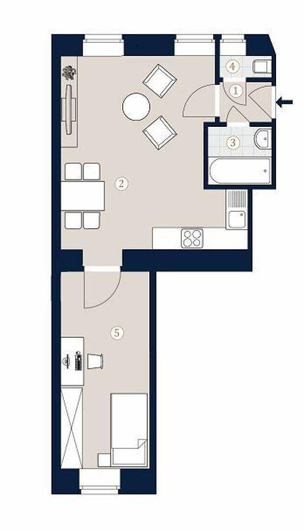 Übersichtlicher Grundriss einer Wohnung mit offenem Wohnbereich und separatem Schlafzimmer.