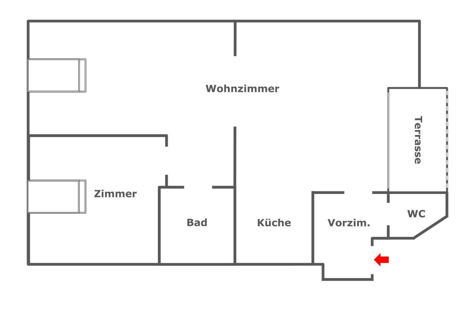 Grundriss der Wohnung mit Wohnzimmer, Schlafzimmer, Küche, Bad, WC und Terrasse.