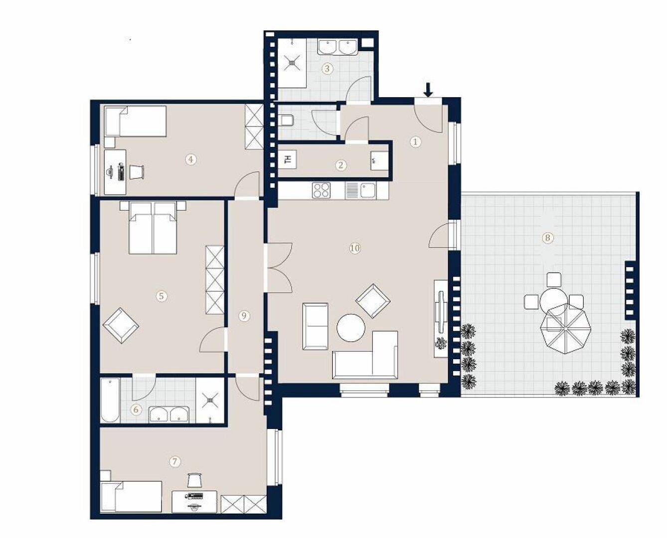 Grundriss einer Wohnung mit drei Schlafzimmern, zwei Bädern und einer großen Außenterrasse.