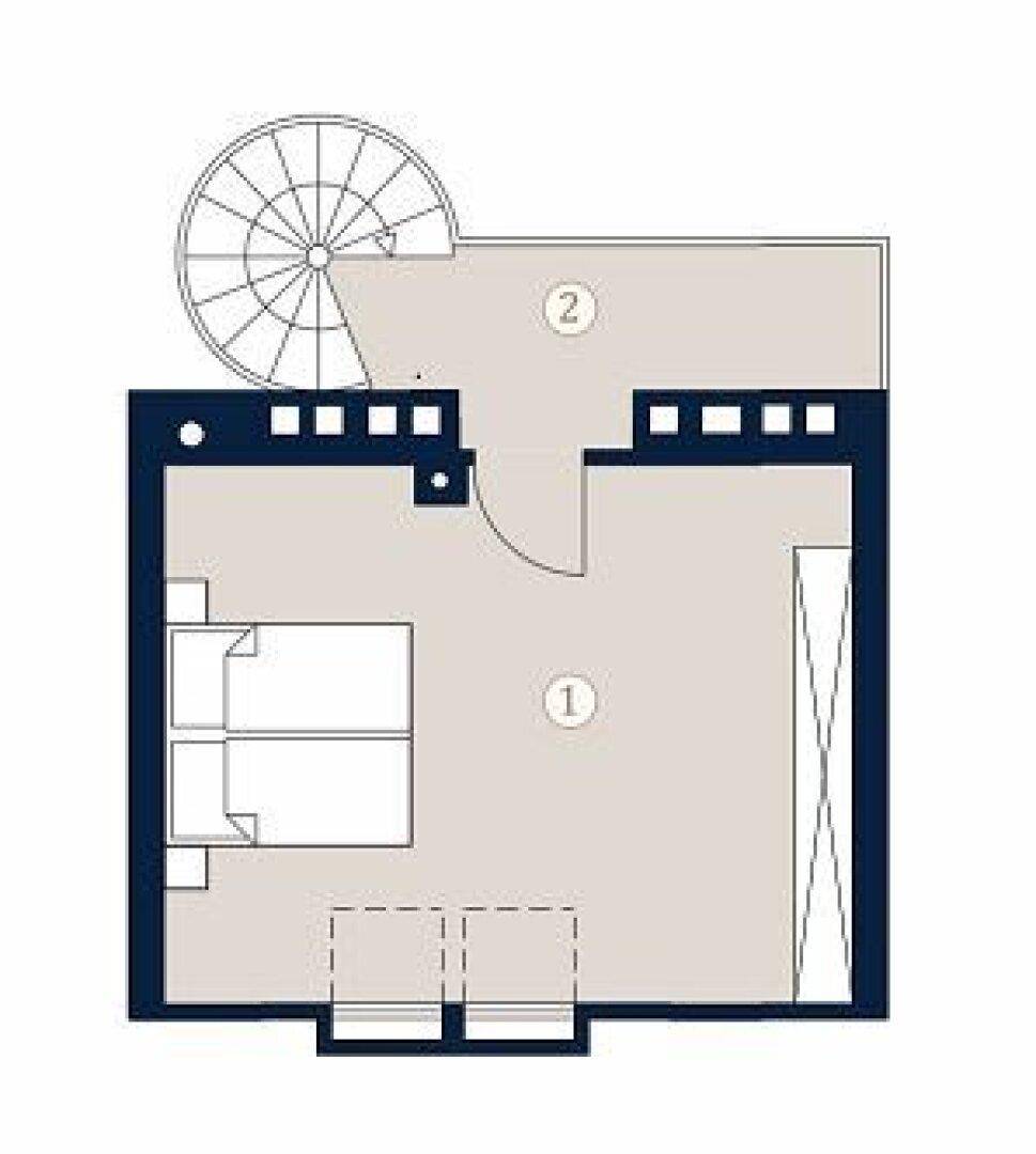 Grundriss der oberen Ebene mit Schlafzimmer und Galeriebereich, verbunden durch eine Wendeltreppe.
