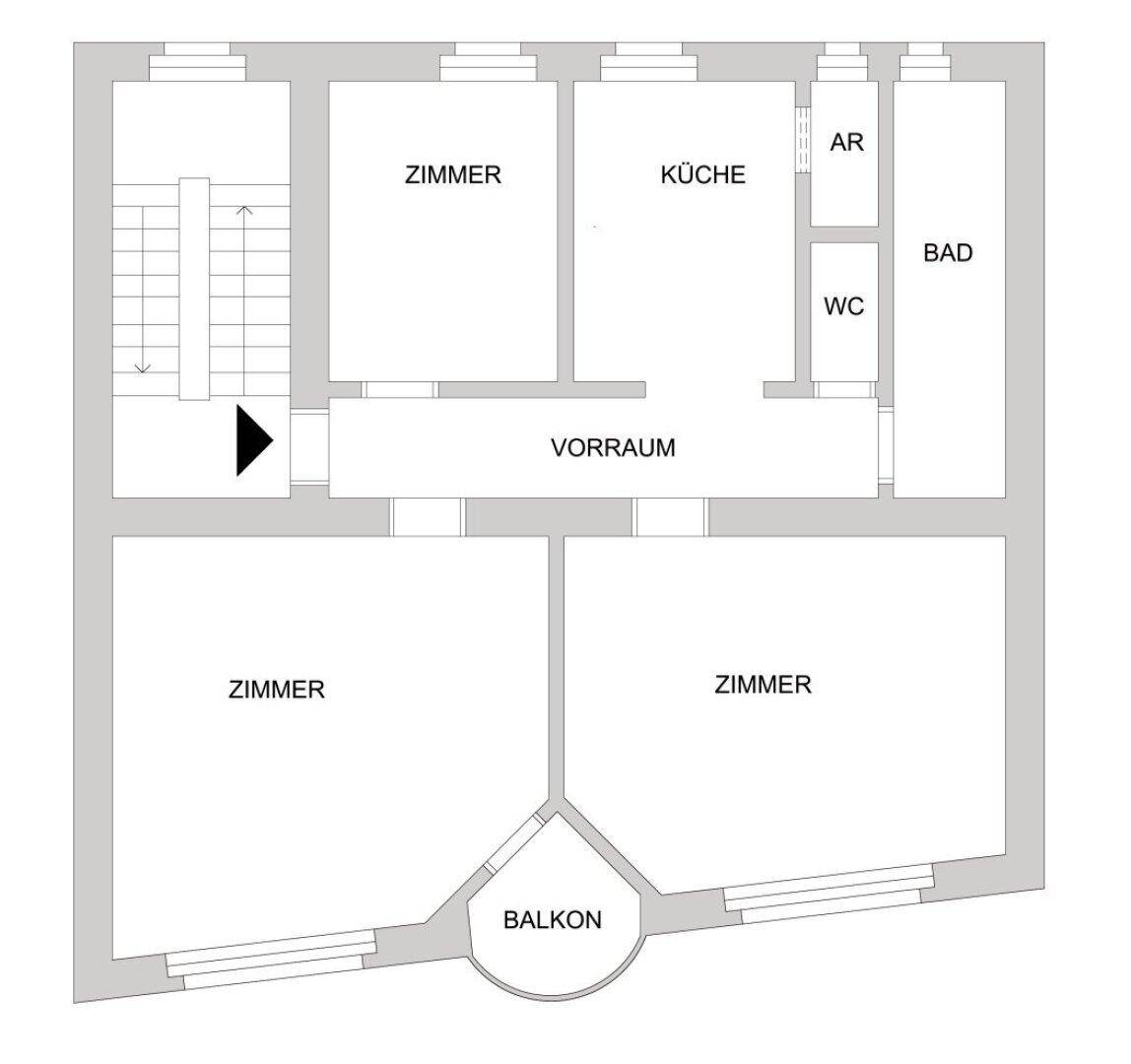 Grundrissplan mit Balkon, Zimmern, Küche, Bad und separatem WC.