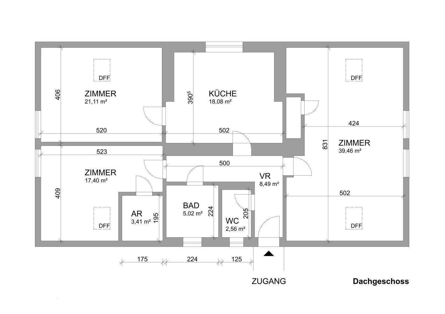 Grundriss des Dachgeschosses mit drei Zimmern, Küche, Bad und Zugangsbereich.