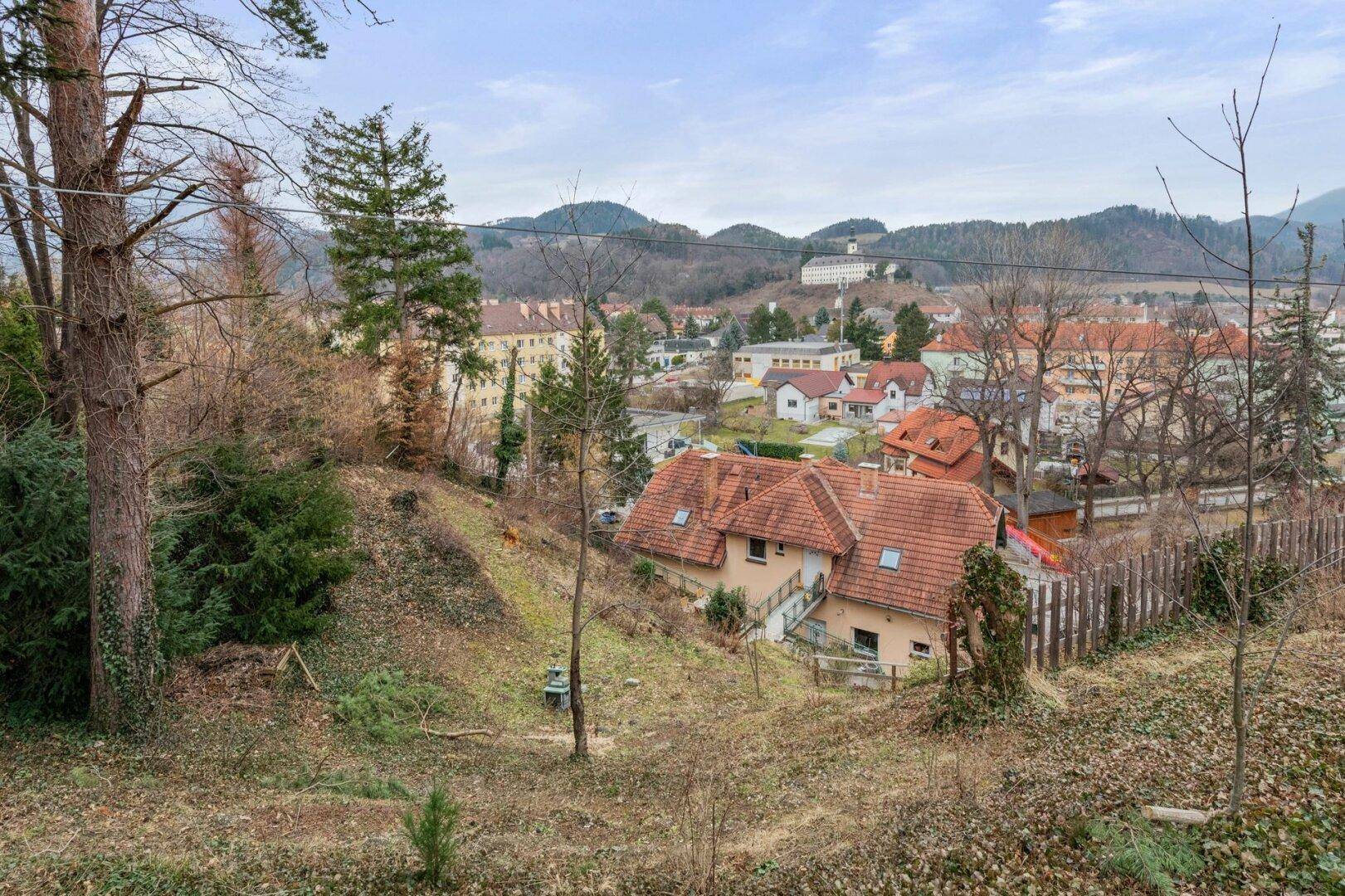 Blick von einem bewaldeten Hang auf ein Wohnhaus mit rotem Ziegeldach und die umliegende Landschaft.