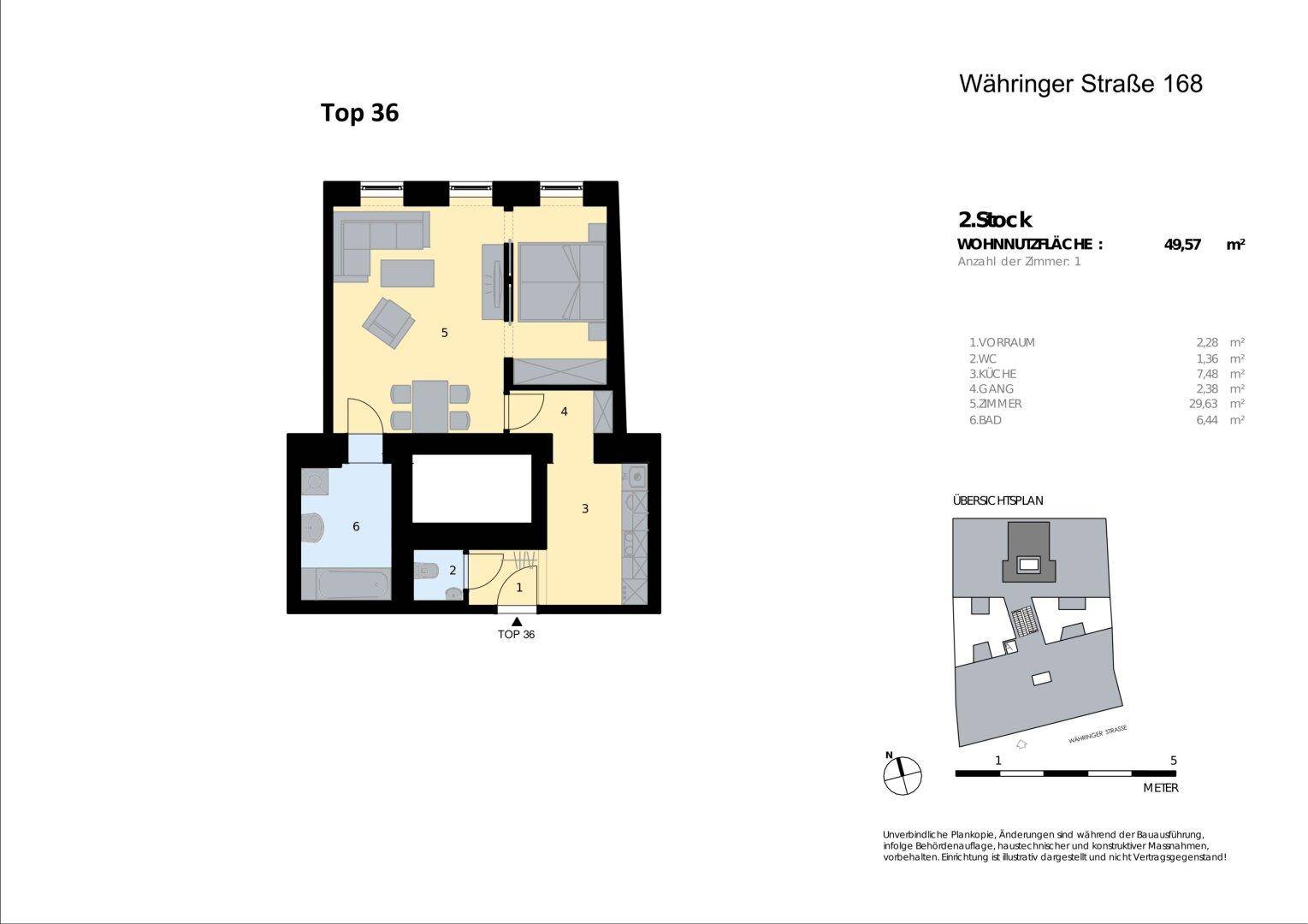 Grundriss der Wohnung Top 36 im 2. Stock mit 49,57 m² Wohnnutzfläche.