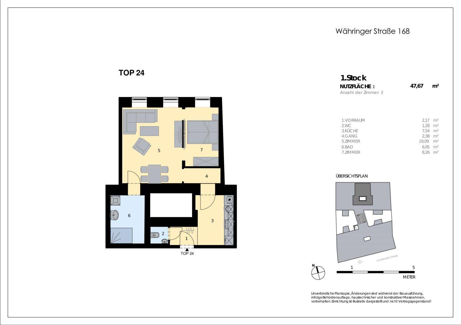 Grundriss der Wohnung TOP 24 mit offenem Wohnbereich und separatem Schlafzimmer.