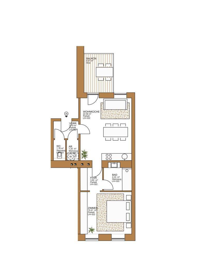 Grundriss der Wohnung mit Balkon, offener Wohnküche, Schlafzimmer und Bad.