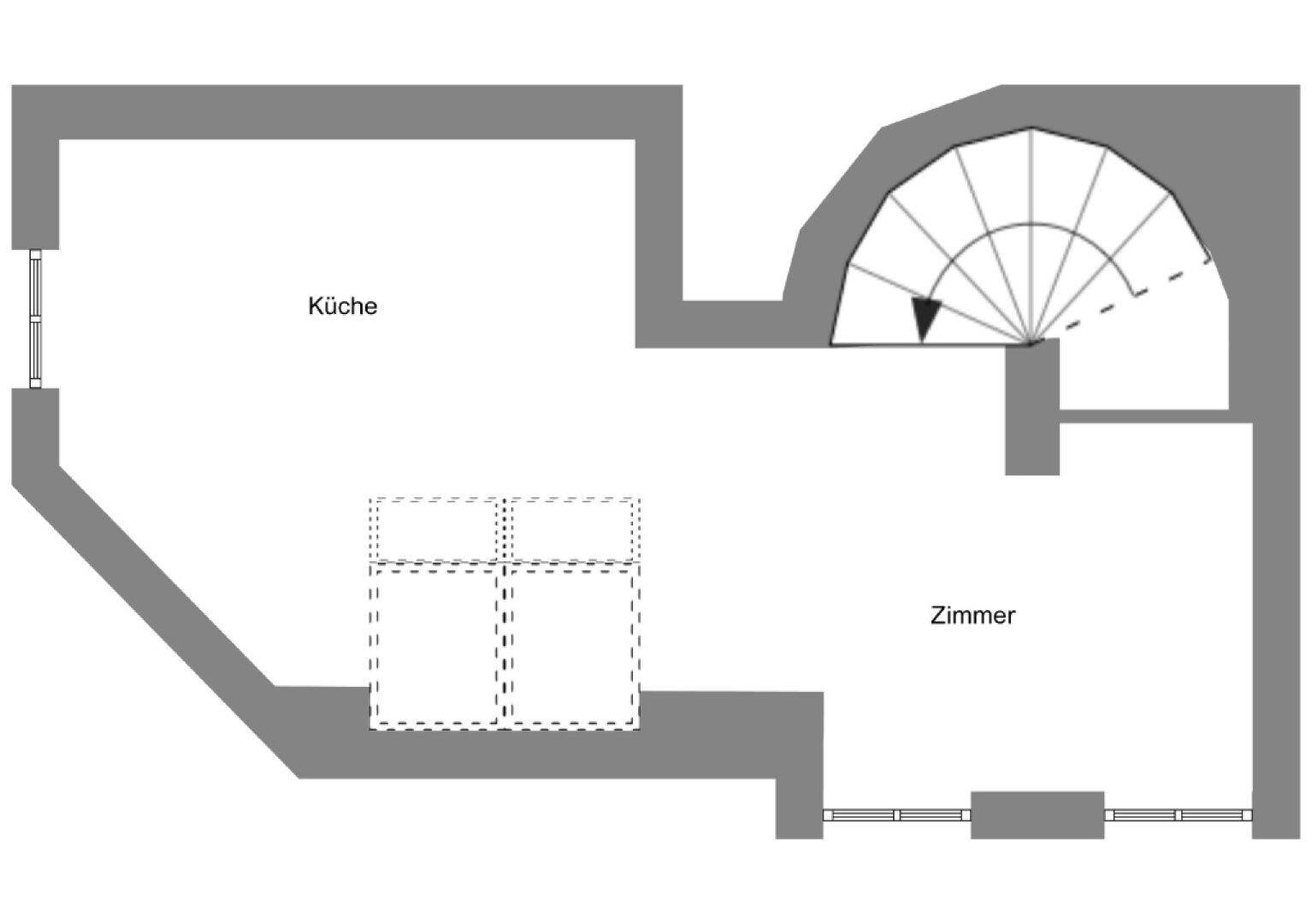 Grundriss des oberen Geschosses mit Küche, Zimmer und Wendeltreppe.
