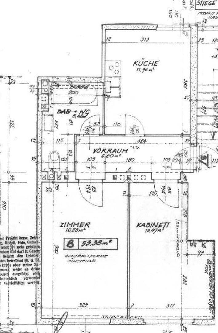Grundrissplan einer Wohnung mit Küche, Bad, Vorraum, Zimmer und Kabinett.