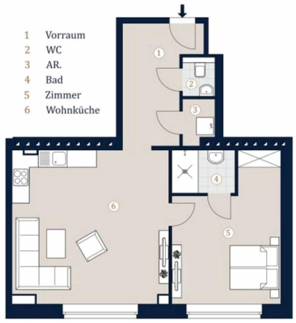 Grundriss einer Wohnung mit Vorraum, WC, Bad, Zimmer und offener Wohnküche.