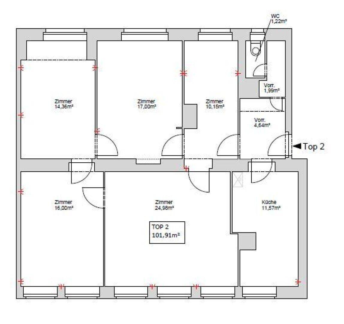 Ein detaillierter Grundriss einer Wohnung mit mehreren Zimmern, einem WC und einer Küche, insgesamt 101,91m².