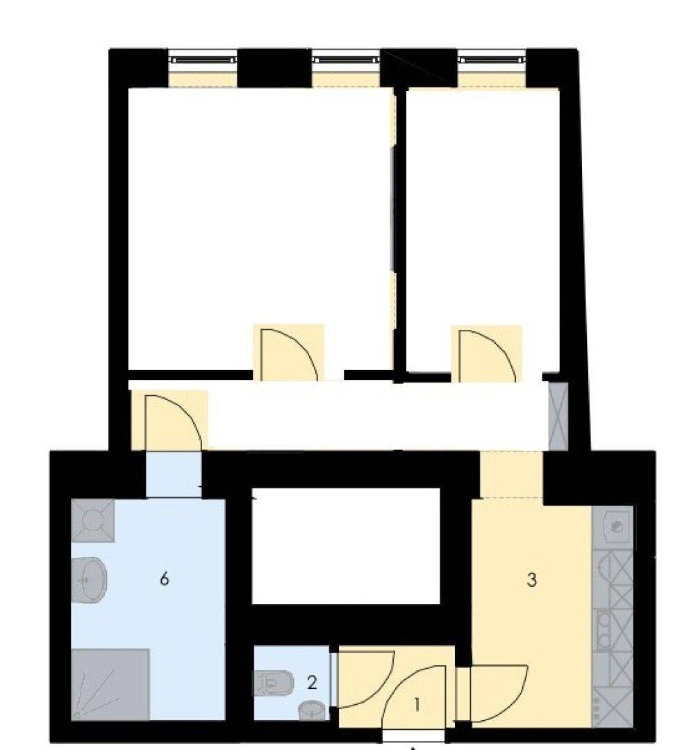 Grundriss einer Wohnung mit zwei Zimmern, Bad und separatem WC.