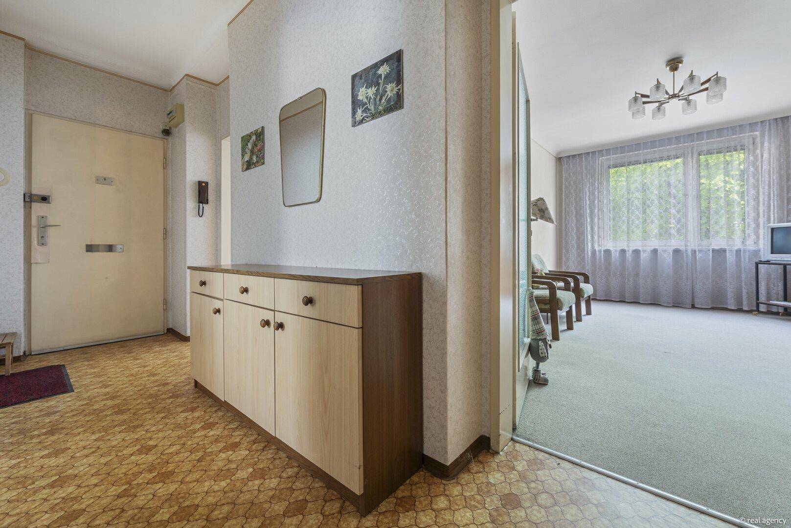 Eingangsbereich mit Haustür, Kommode und offenem Blick in das Wohnzimmer.