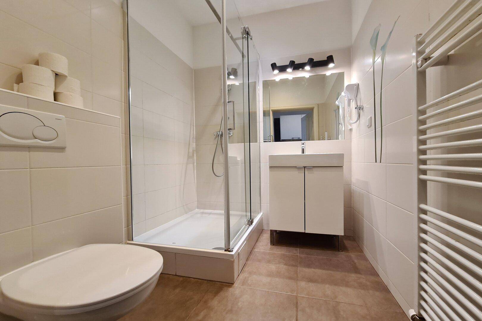 Modernes Badezimmer mit Duschkabine, WC, Waschbecken und beheiztem Handtuchhalter.