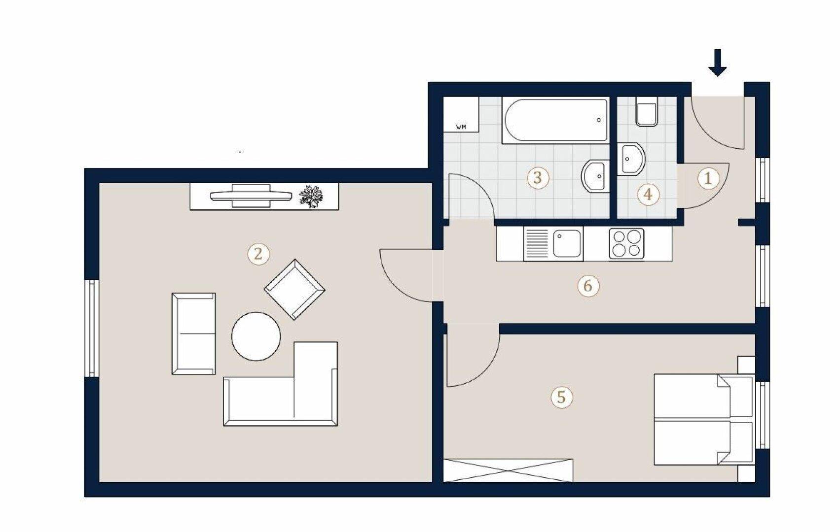 Grundriss einer Wohnung mit Wohnzimmer, Schlafzimmer, Küche, Bad und separatem WC.