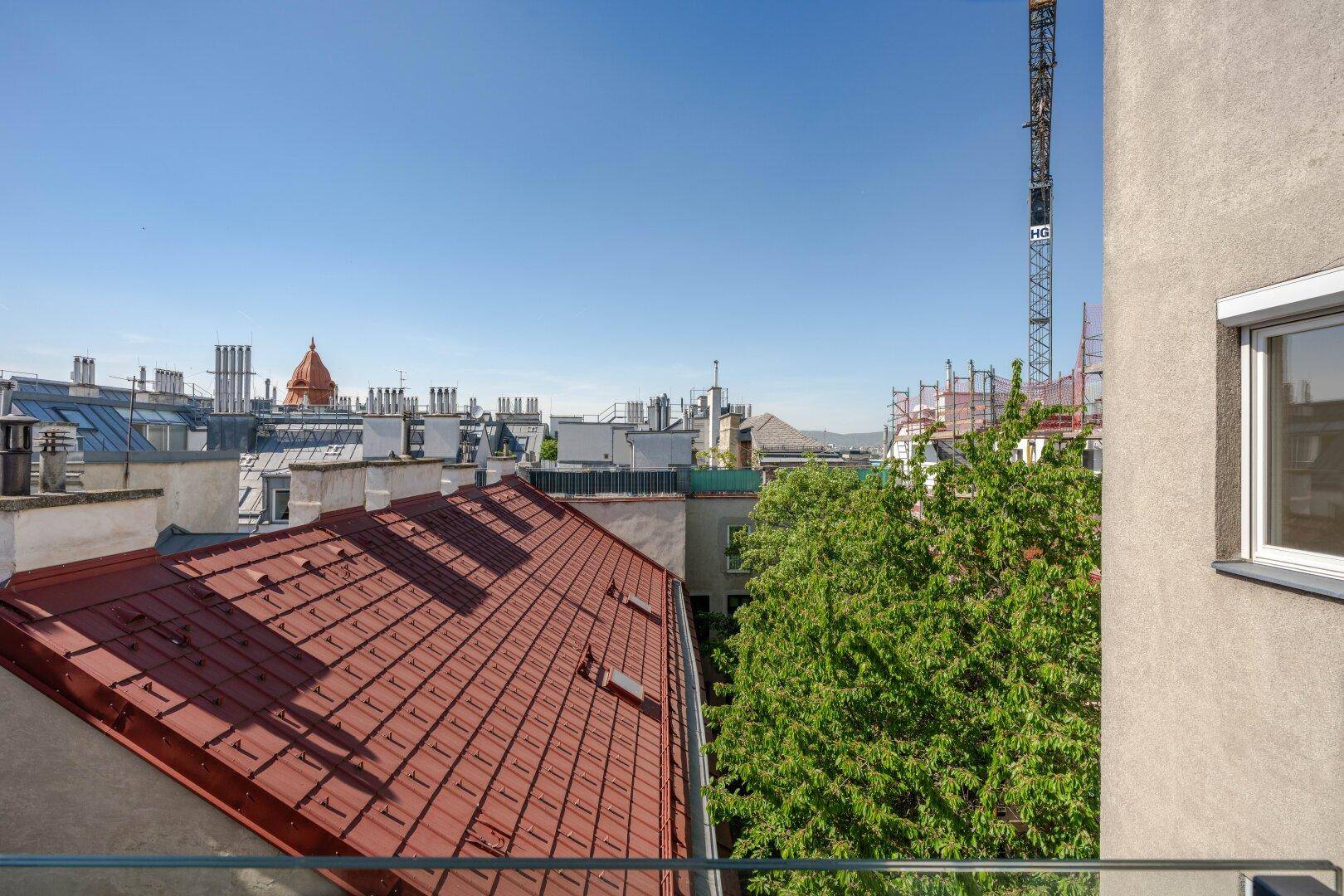 Weitläufiger Blick über die Dächer der Stadt mit einem Baukran und viel Grün.